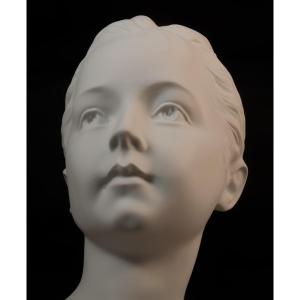 Large Biscuit Porcelain Bust Of Louise Brongniart After Houdon, 40cm High, Tharaud, Limoges