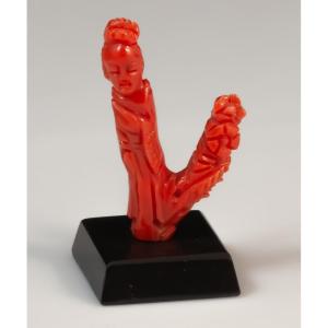 Carved Red Coral Branch Guanyin China