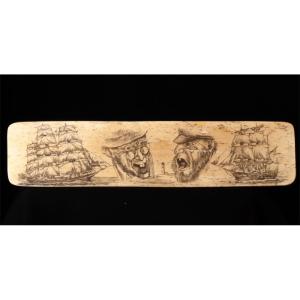 Scrimshaw Sur Plaque En Os Signée