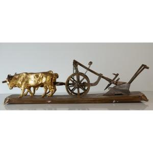 Ox Team With Plough Bronze 19th Century