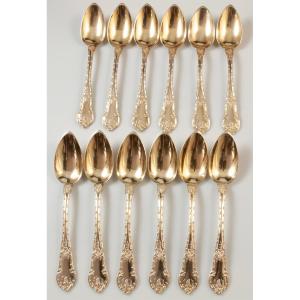 12 Dessert / Coffee Spoons Silver Vermeil Minerve Hallmark Philippe Berthier