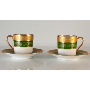 Two Double Gilt Limoges Porcelain Moka Cups Malevergne
