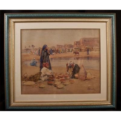 Alphonse Birck (1859-1942): Orientalist Watercolor Pottery Market
