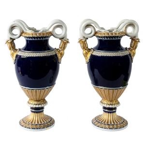 Pair Of Cobalt Blue Vases In German Meissen Porcelain