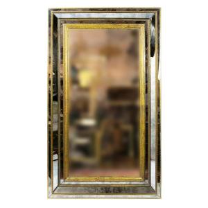 Large Vintage Brass On Wood Wall Mirror