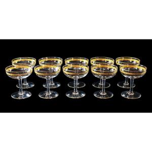 Set Of 10 Gold Crystal Champagne Glasses From The Saint Louis Roty Collection