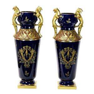 Pair Of Large Cobalt Blue French Porcelain Vases By Maurice Pinon