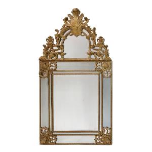 French Wall Mirror In Carved Gilt Wood, Regency Period, 18th Century
