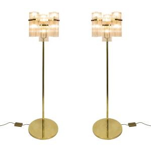 Pair Of Italian Brass And Glass Floor Lamps, Gaetano Sciolari, 1970s