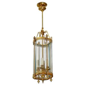 Italian Chandelier-lantern In Gilded Metal And Glass