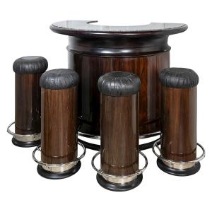 Luciano Frigerio Vintage Bar In Walnut And Green Marble With 4 Stools, 1970s