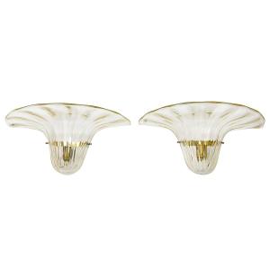 Pair Of Wall Sconces In Murano Glass And Brass, Signed Seguso (italy).