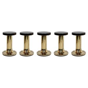 Set Of 5 Italian Yacht-style Low Stools/chairs, In Brass And Wood, In The Military Style.