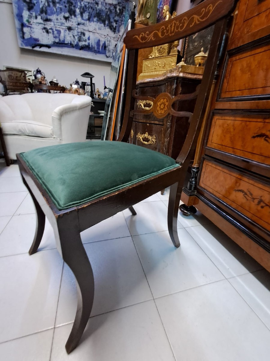 4 sedie in legno di noce e intarsi in acero, primi '900