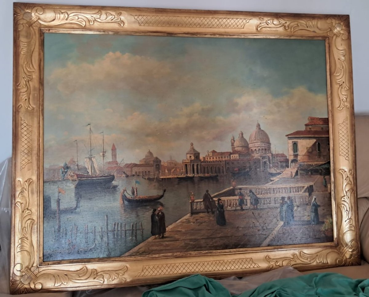 Bellissimo quadro olio su tela raffigurante laguna veneziana e punta della dogana, Venezia-photo-2
