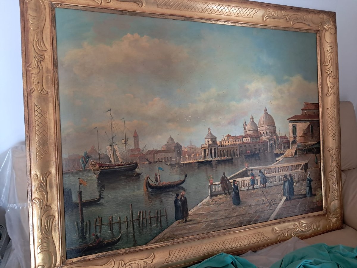 Bellissimo quadro olio su tela raffigurante laguna veneziana e punta della dogana, Venezia-photo-5