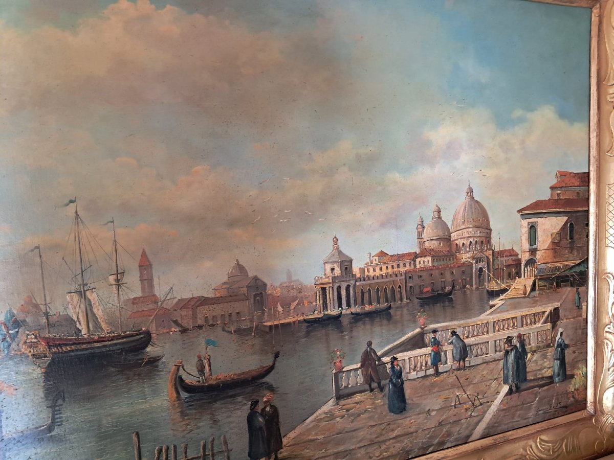 Bellissimo quadro olio su tela raffigurante laguna veneziana e punta della dogana, Venezia-photo-6