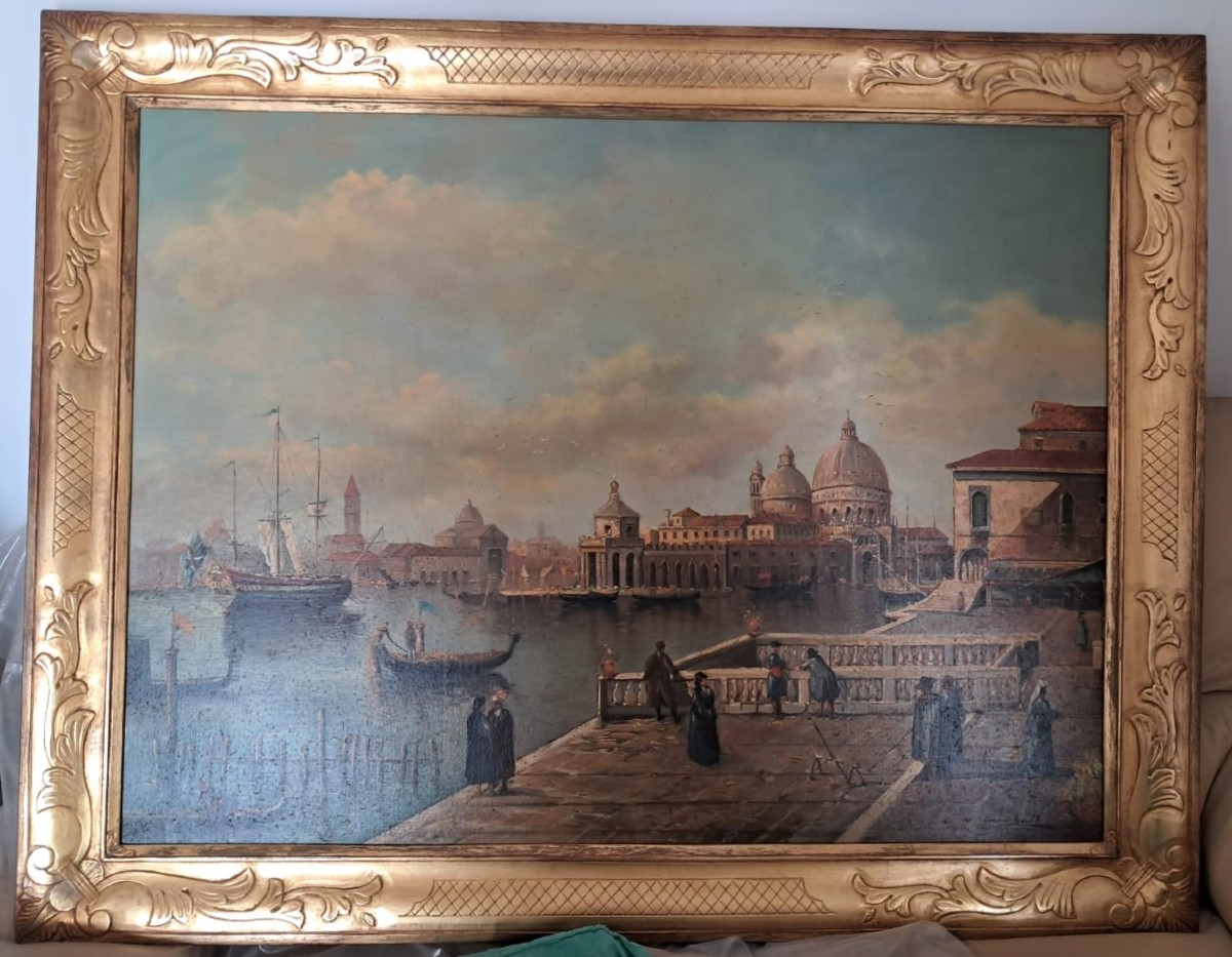 Bellissimo quadro olio su tela raffigurante laguna veneziana e punta della dogana, Venezia