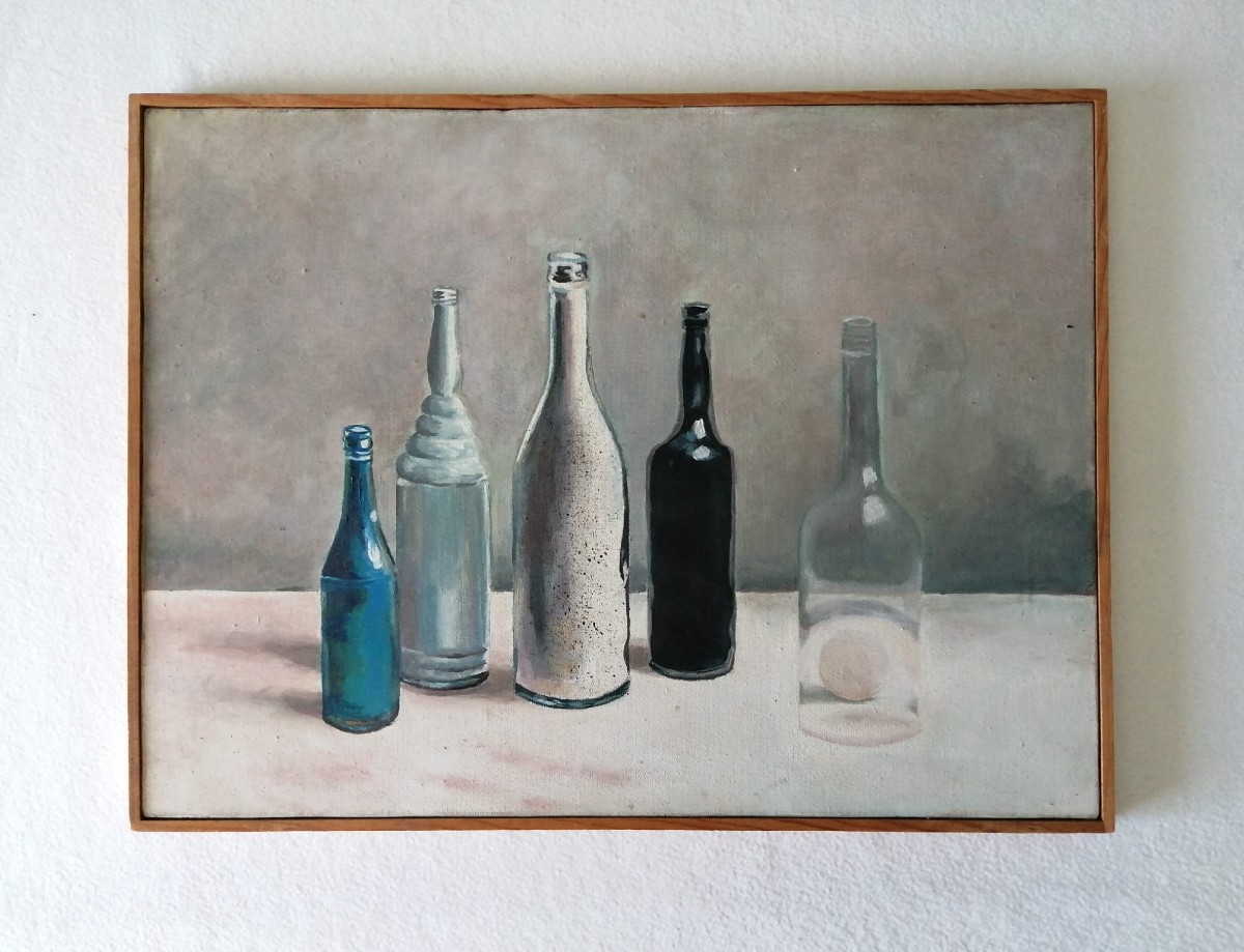 Dipinto ad olio su tela raffigurante n. 5 bottiglie