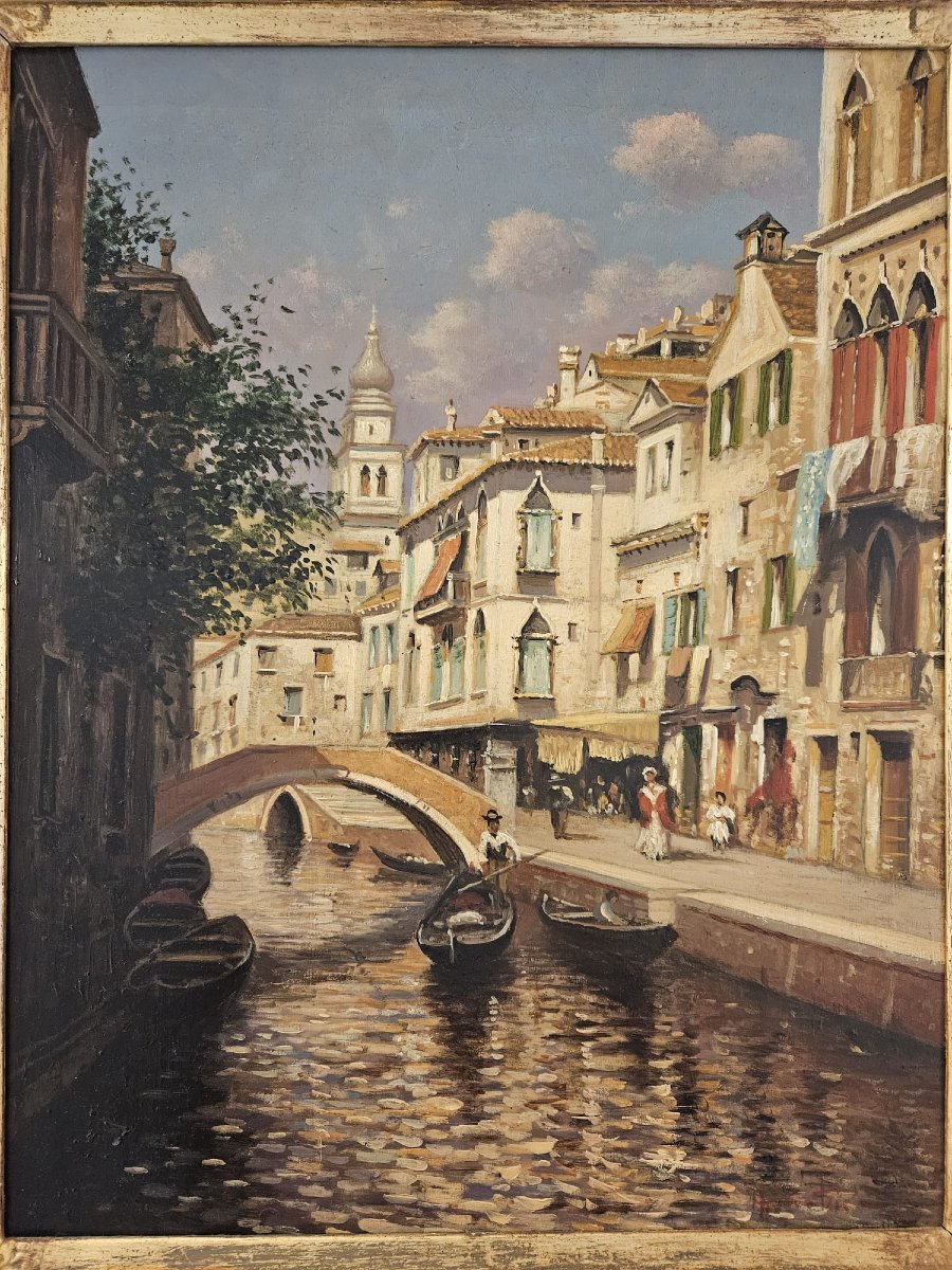 Dipinto ad olio su tela, raffigurante veduta di un canale veneziano-photo-3