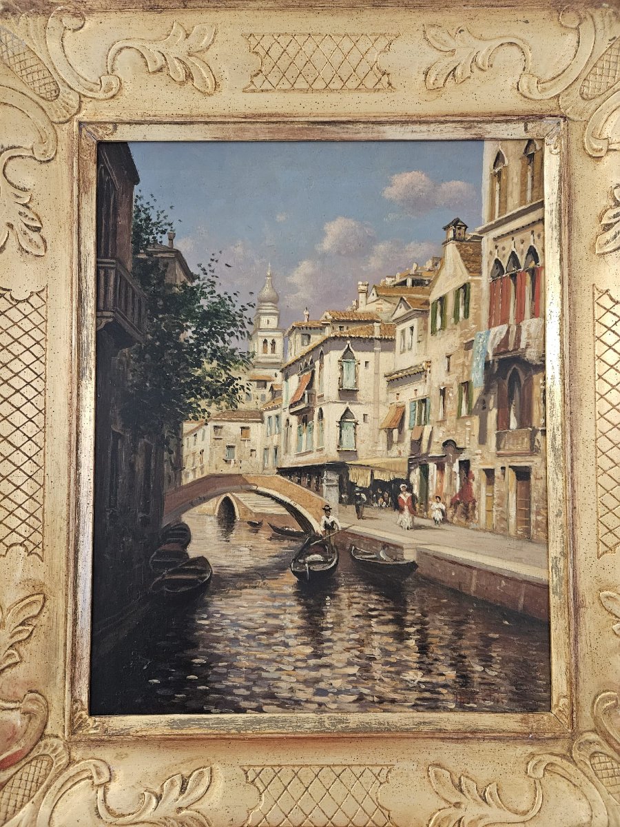Dipinto ad olio su tela, raffigurante veduta di un canale veneziano-photo-4