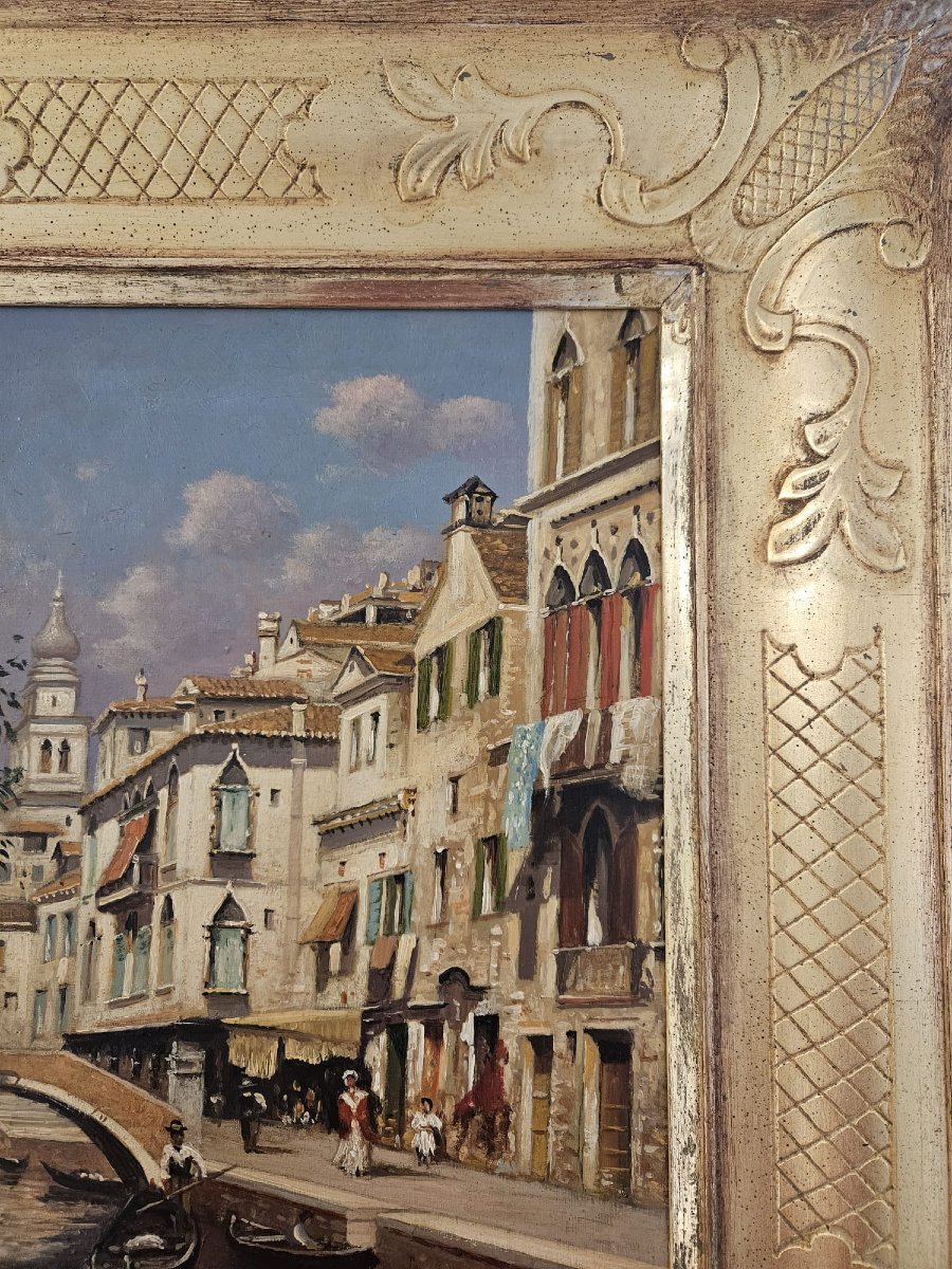 Dipinto ad olio su tela, raffigurante veduta di un canale veneziano-photo-2