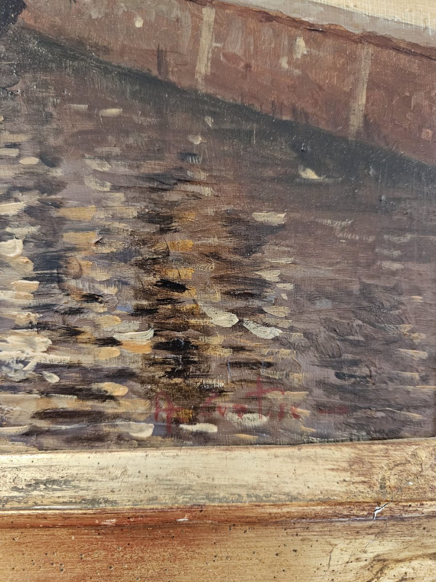 Dipinto ad olio su tela, raffigurante veduta di un canale veneziano-photo-3