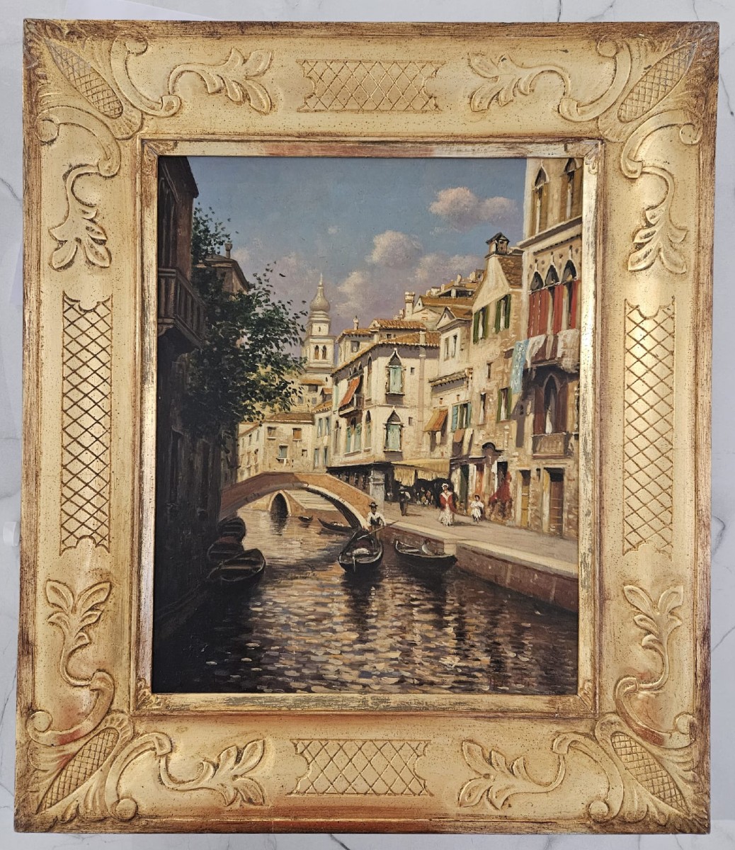 Dipinto ad olio su tela, raffigurante veduta di un canale veneziano
