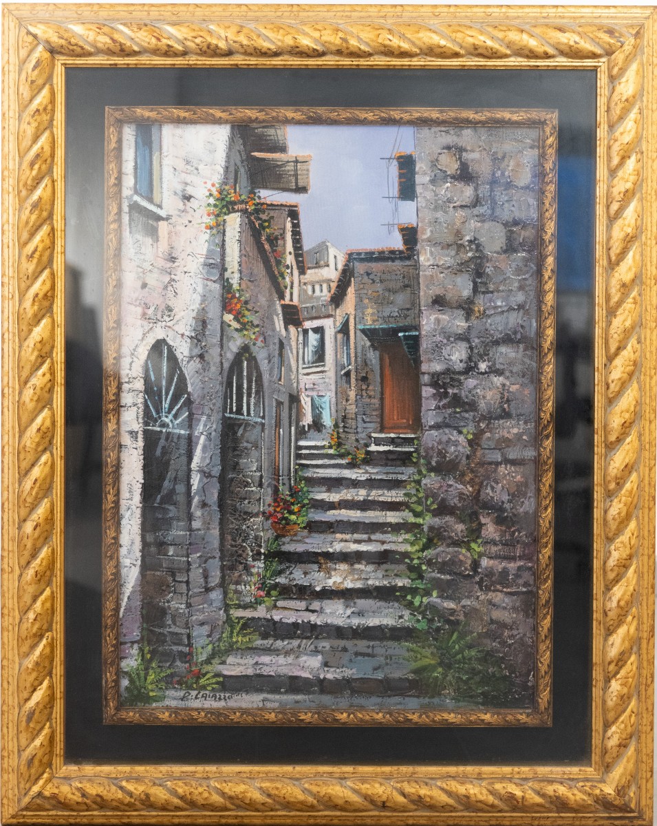 Paesaggio con scorcio di case. Firma in basso a sinistra. 