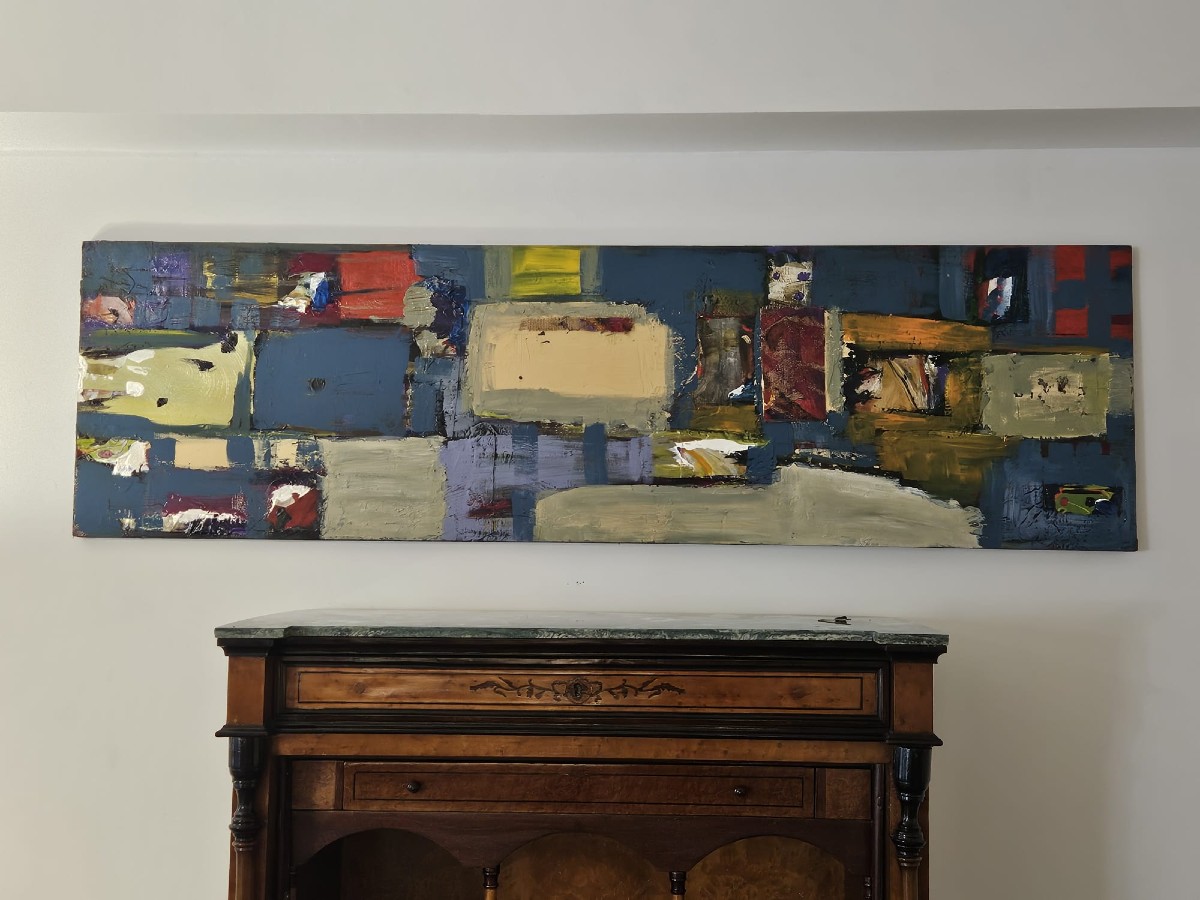 Dipinto ad olio su tela con raffigurazione astratta, artista contemporanea 