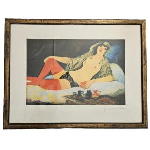 Elide fra i cuscini Litografia. Firmato in basso a destra Fiume