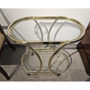 Carrellino porta vivande in ottone dorato e cristallo molato
