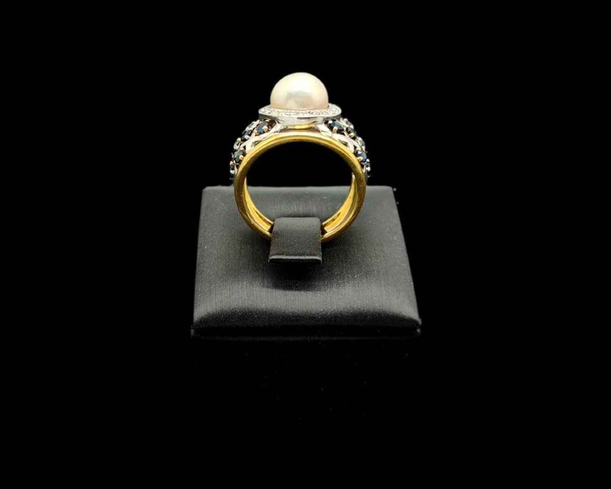 Anello a fascia in oro due colori, perla, zaffiri e diamanti-photo-1
