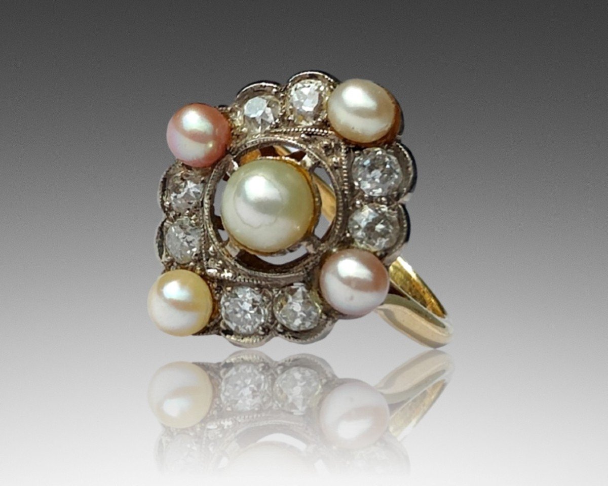 Anello 1890-1920 in oro18kt, perle e diamanti vecchia miniera-photo-2