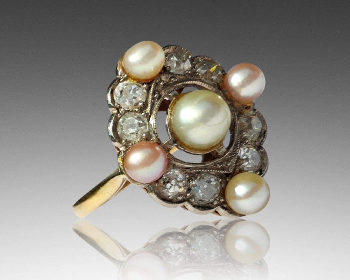 Anello 1890-1920 in oro18kt, perle e diamanti vecchia miniera-photo-1