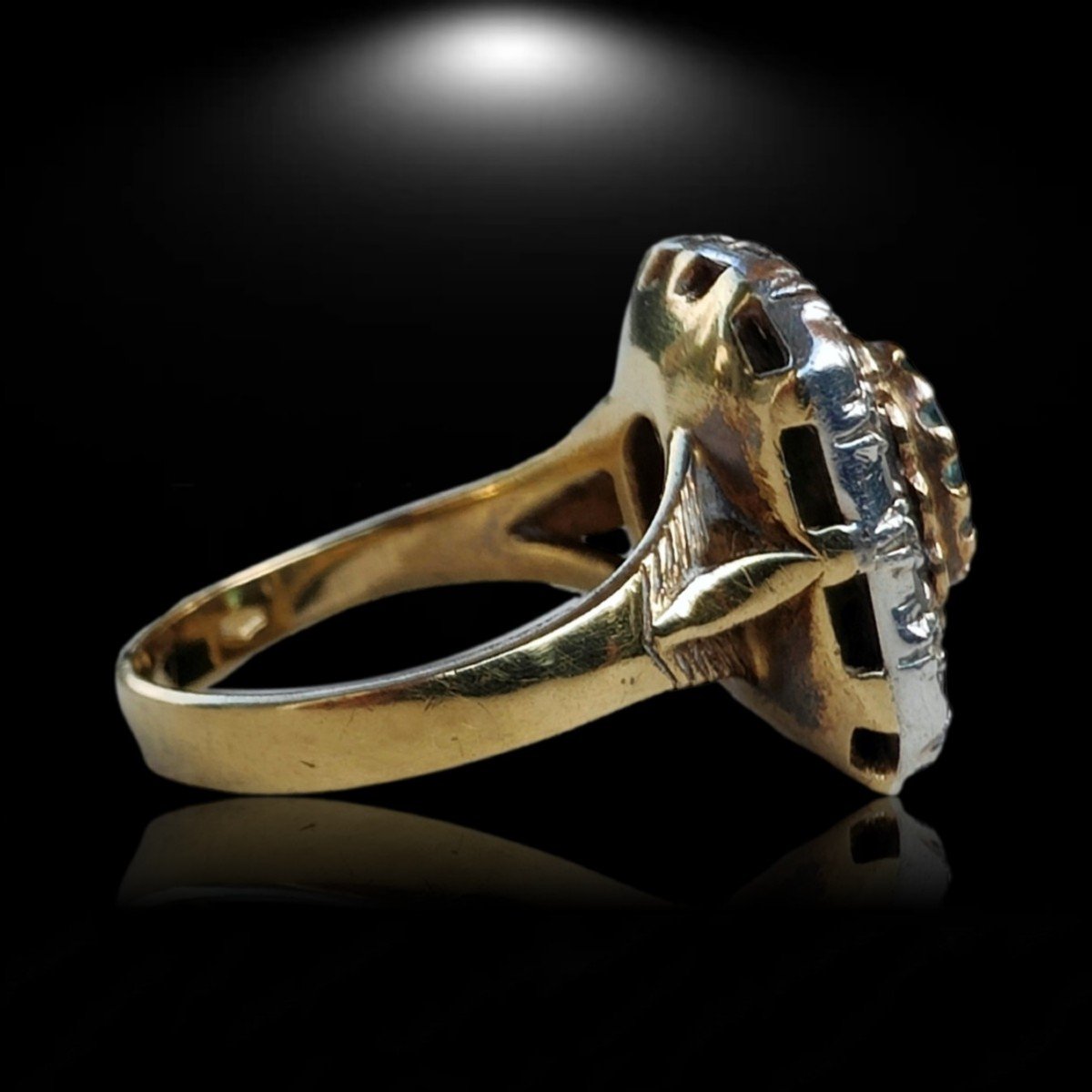 Anello in oro giallo, argento, smeraldo e diamanti taglio a rosa-photo-1