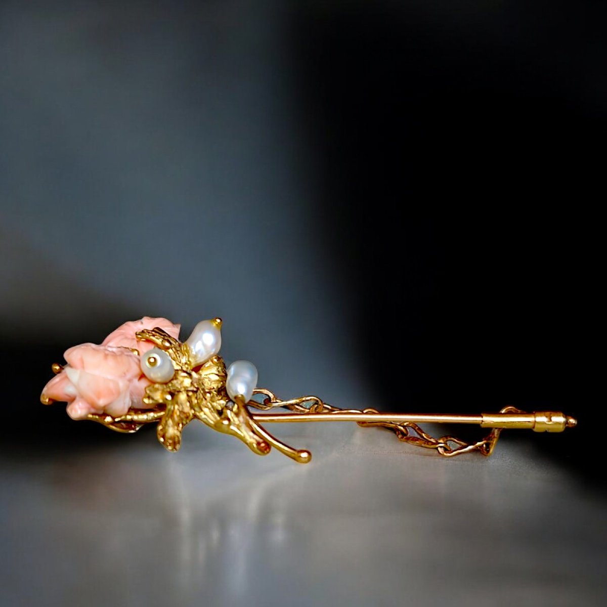 Spilla Anni 60 in oro 18 kt, Corallo Rosa e Perle di Fiume-photo-3