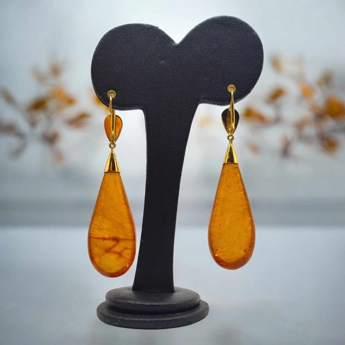 Orecchini Pendenti A Goccia in Ambra ed oro 18kt-photo-2