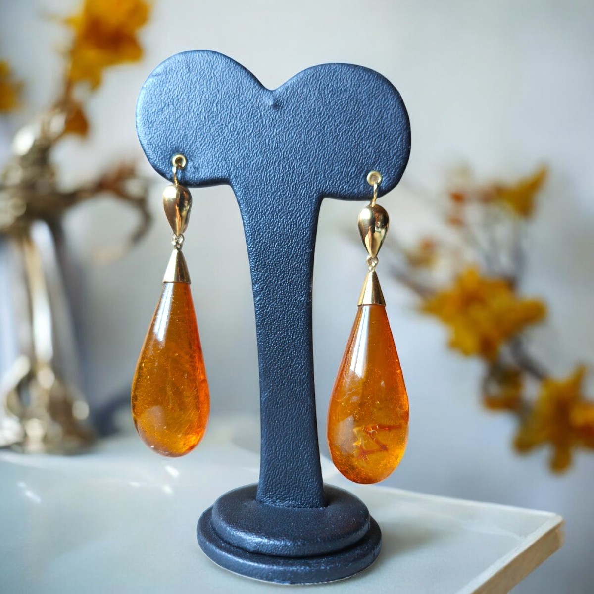 Orecchini Pendenti A Goccia in Ambra ed oro 18kt