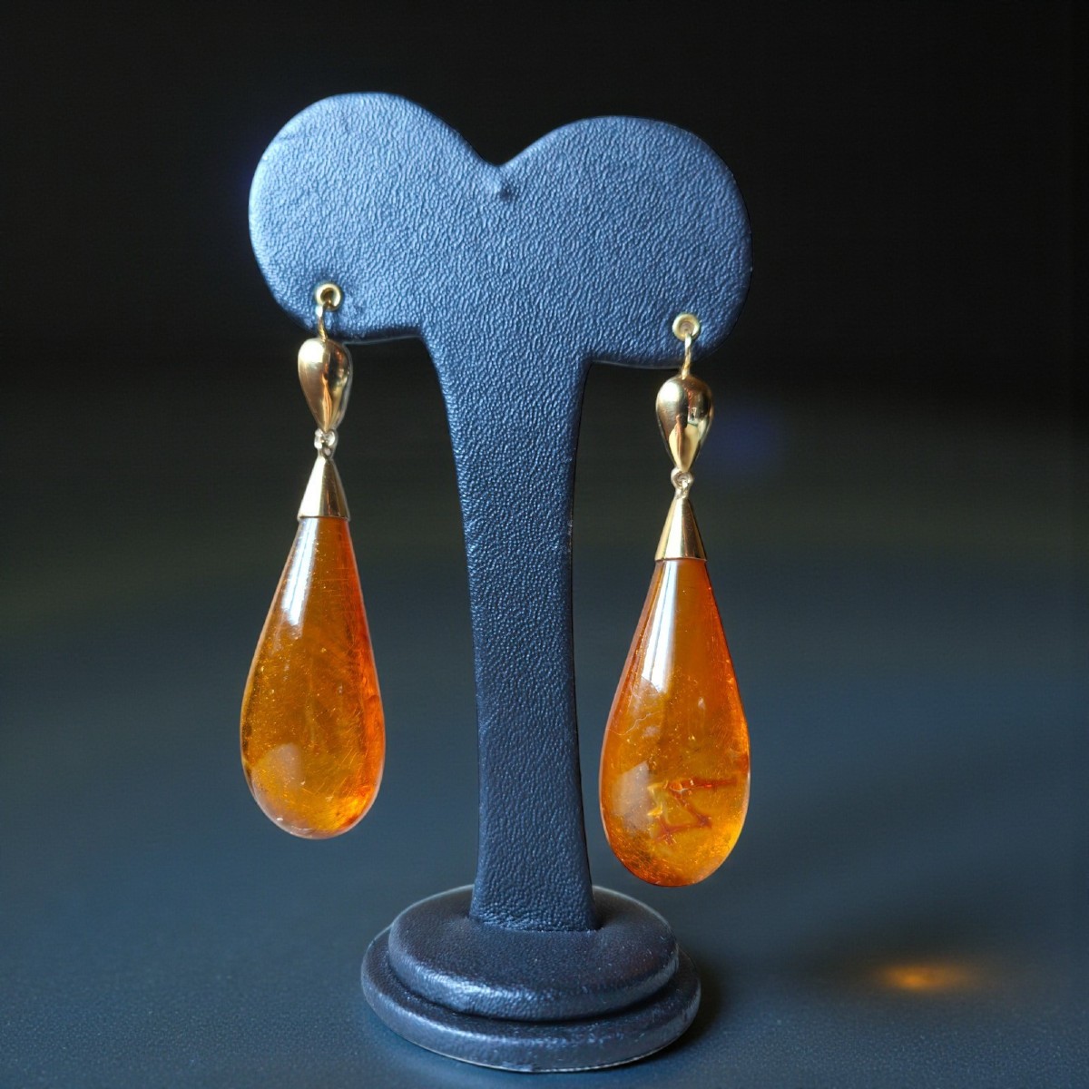 Orecchini Pendenti A Goccia in Ambra ed oro 18kt