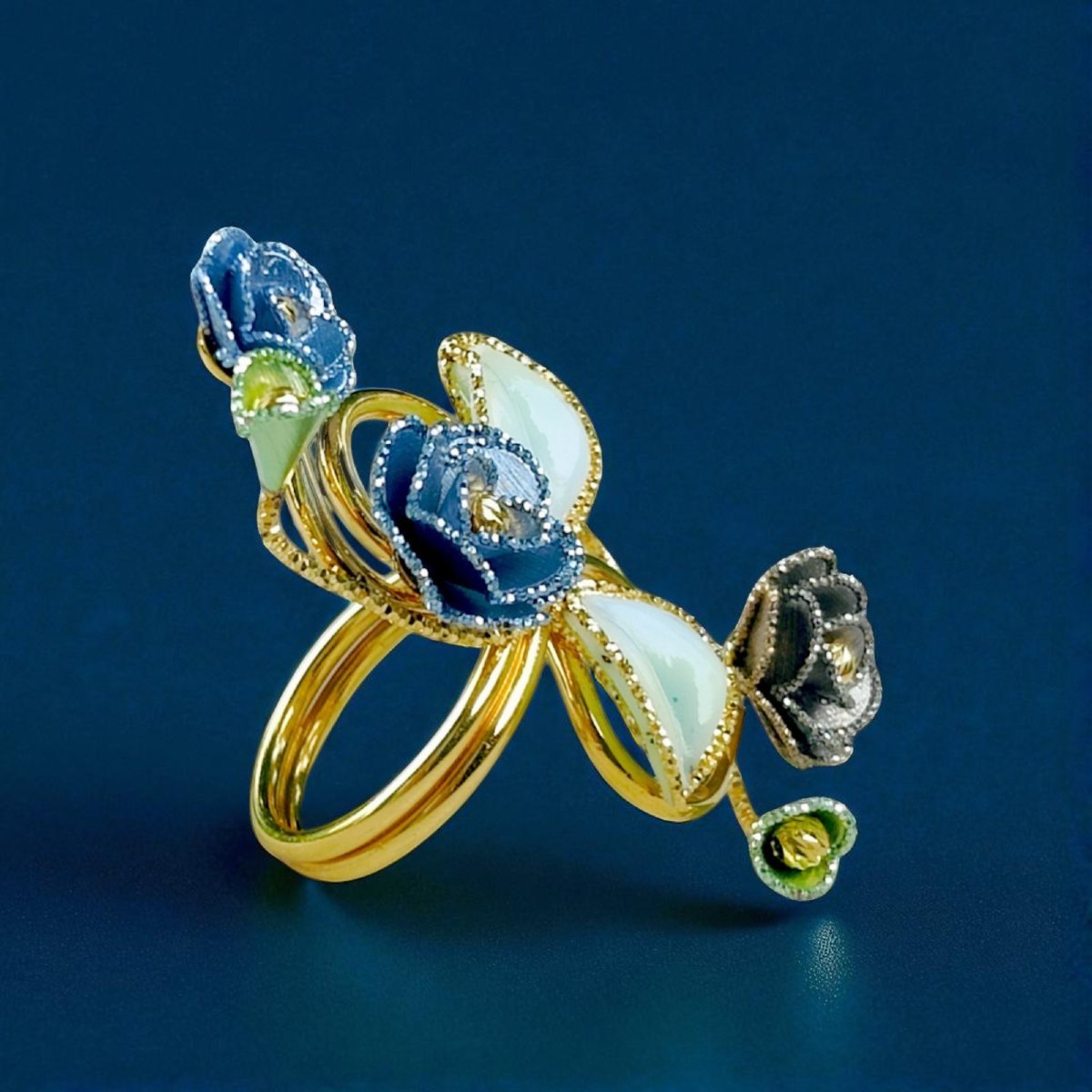 Anello Floreale in oro 18Kt e Smalti-photo-3