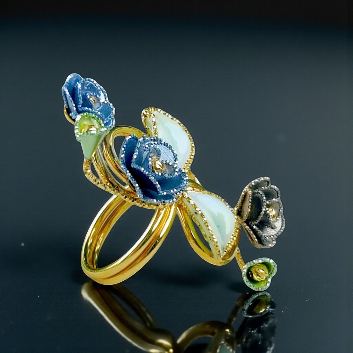 Anello Floreale in oro 18Kt e Smalti-photo-3