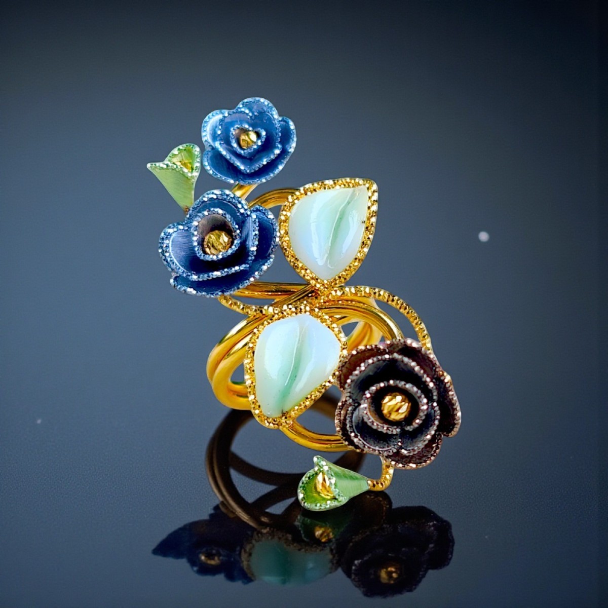 Anello Floreale in oro 18Kt e Smalti-photo-4