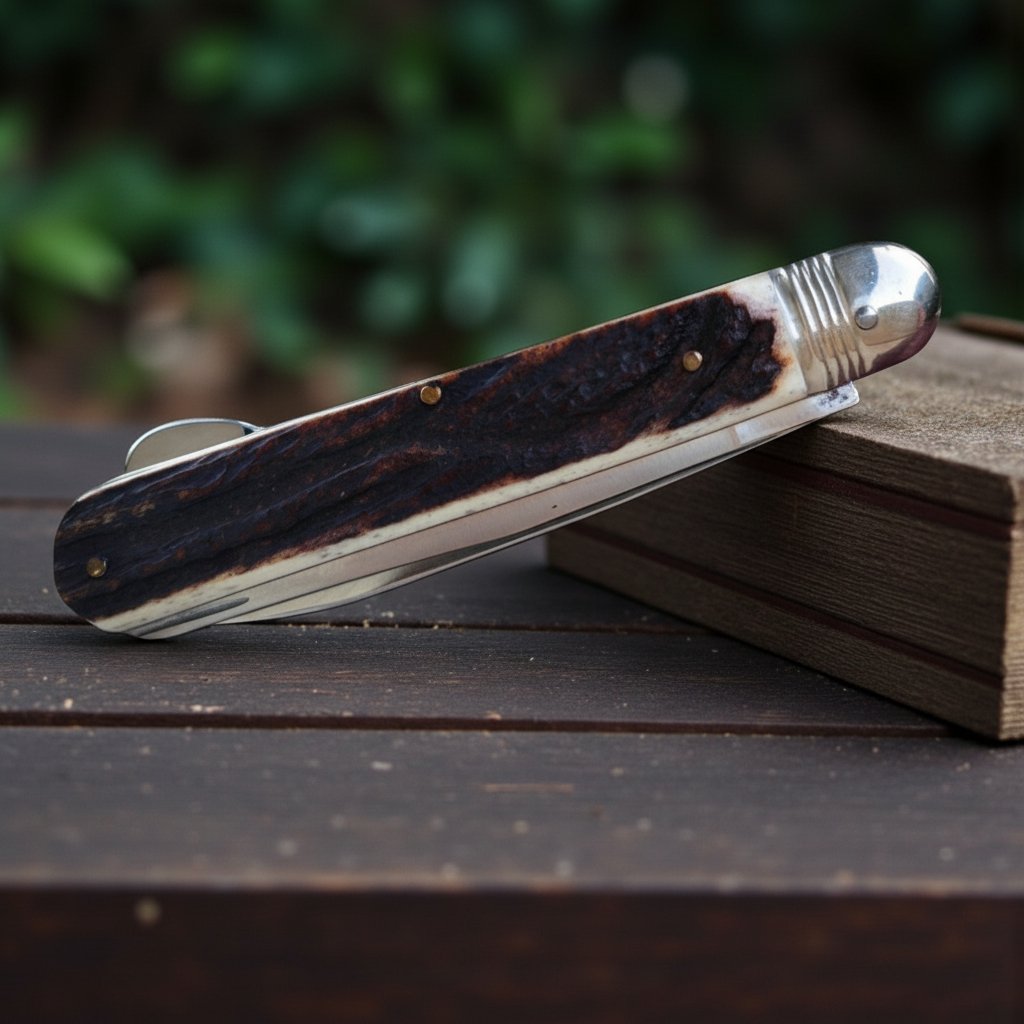 Coltello in corno di cervo con sblocco a pompa, Pius Lang anni '70, serie limitata"-photo-2