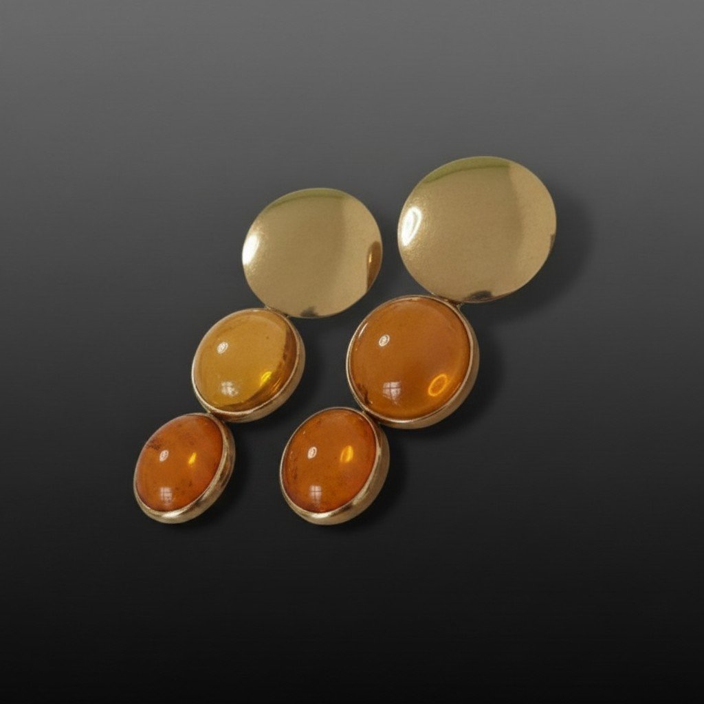 Orecchini pendenti in oro 18 kt e ambra color miele-cognac -photo-2