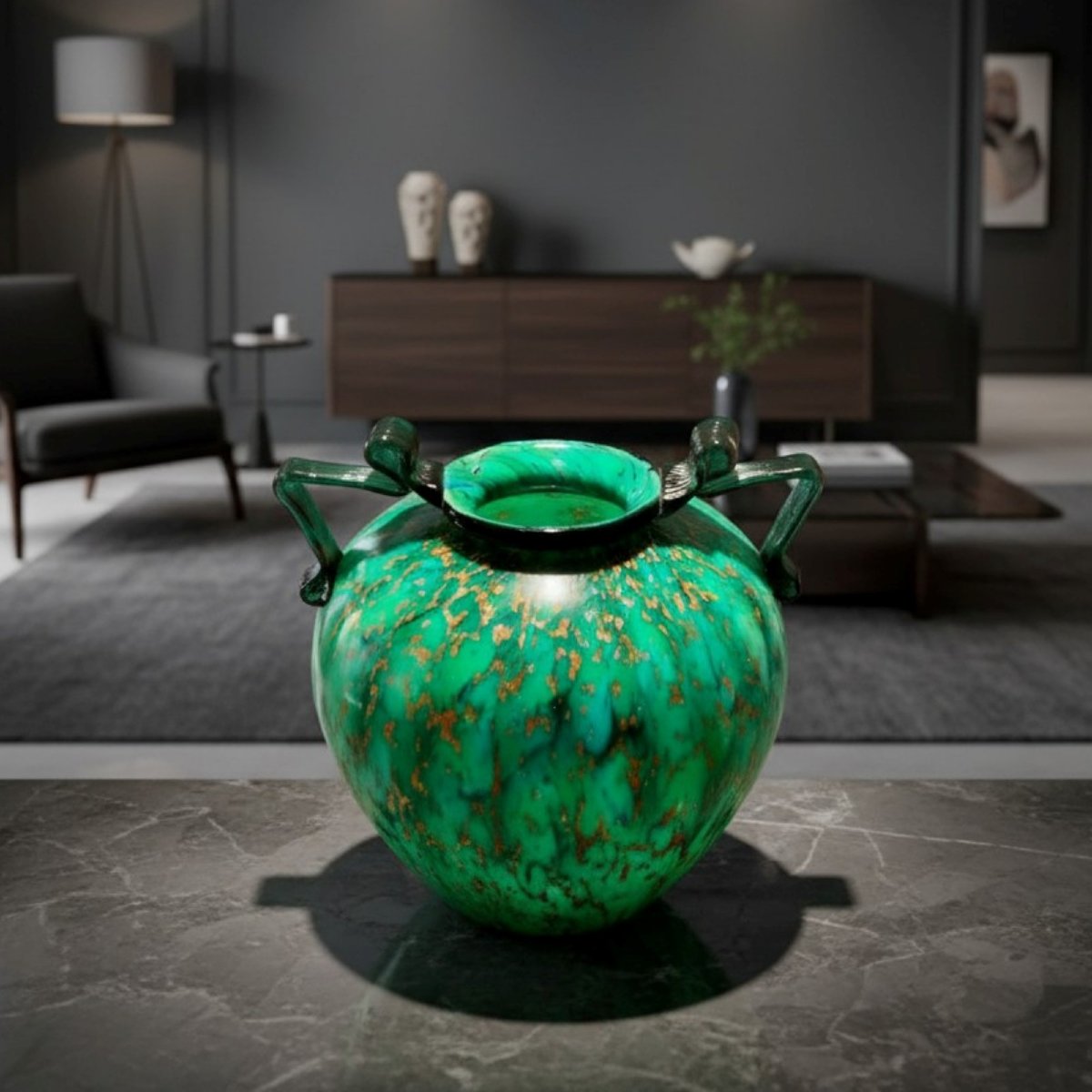 Vaso a Boccia in Vetro Soffiato Verde con Aventurina e Lattimo, F.lli Toso, Murano, ca. 1930-photo-2
