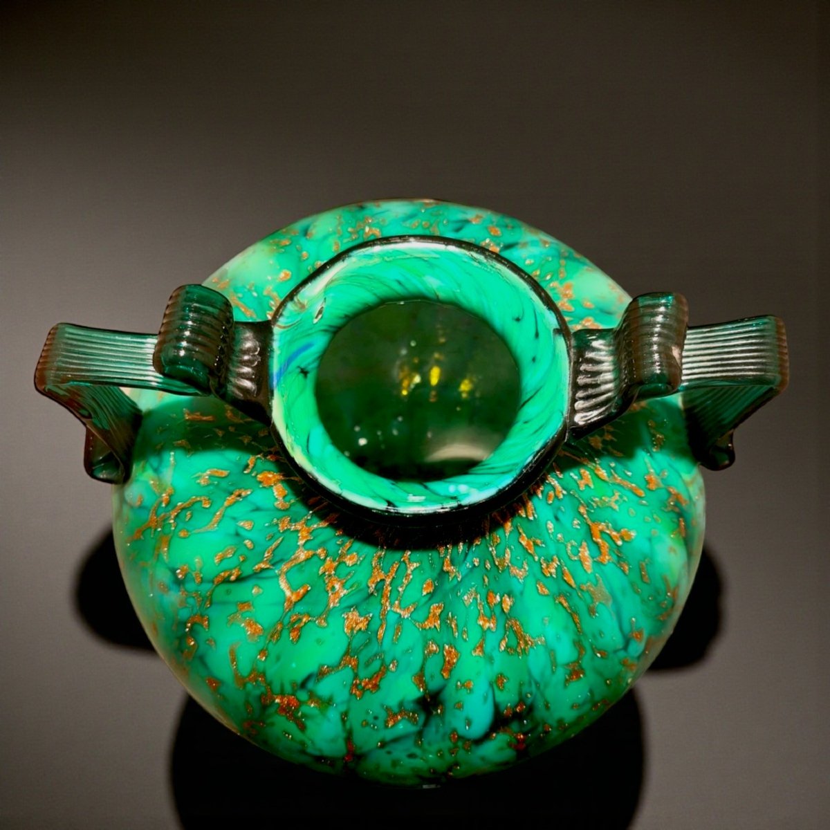 Vaso a Boccia in Vetro Soffiato Verde con Aventurina e Lattimo, F.lli Toso, Murano, ca. 1930-photo-2