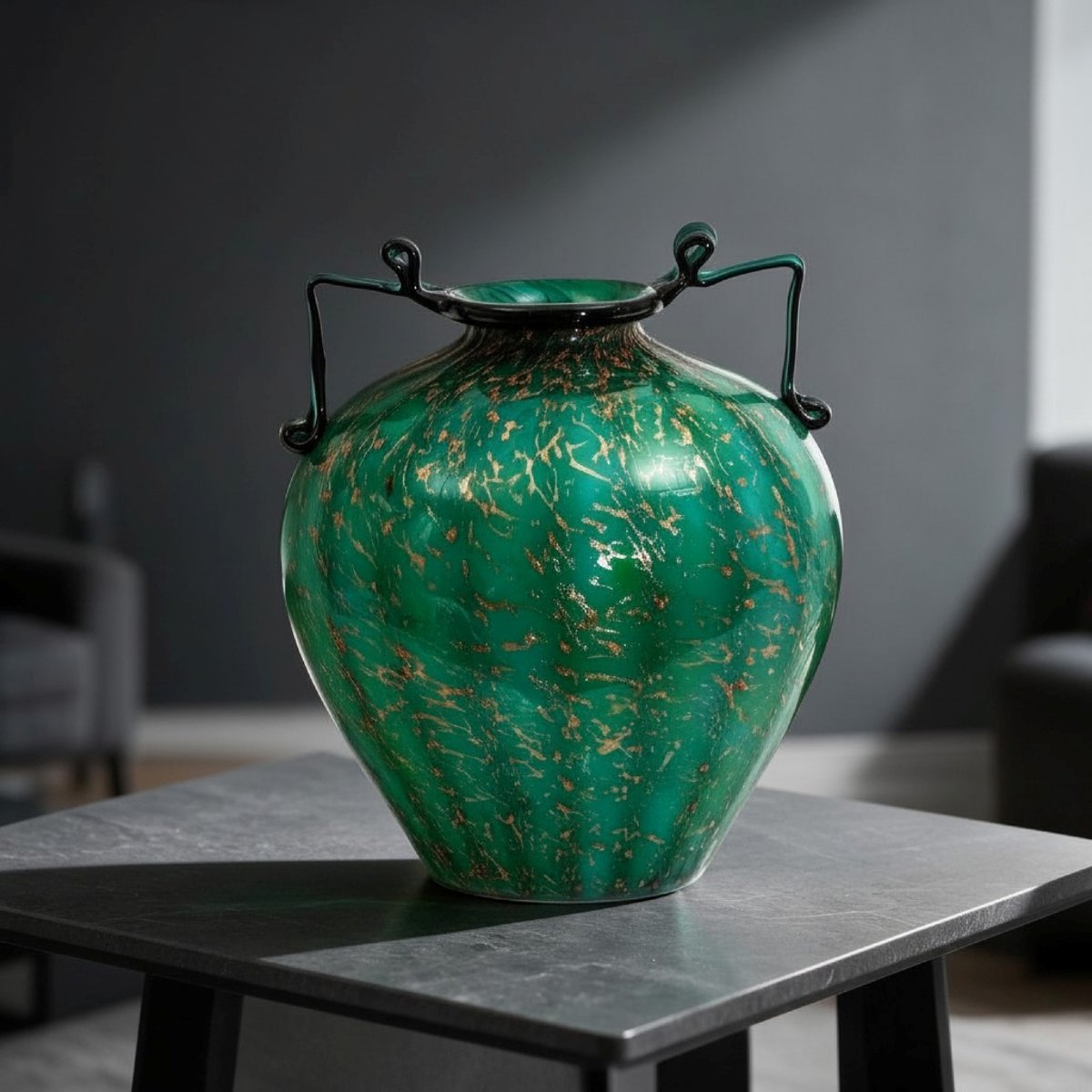 Vaso a Boccia in Vetro Soffiato Verde con Aventurina e Lattimo, F.lli Toso, Murano, ca. 1930