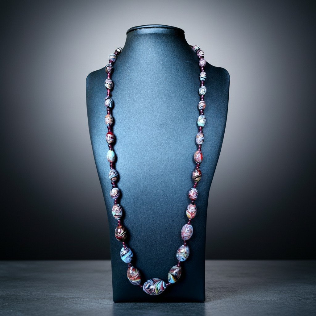 Elegante collana antica in perle di vetro policromo con avventurina-photo-2