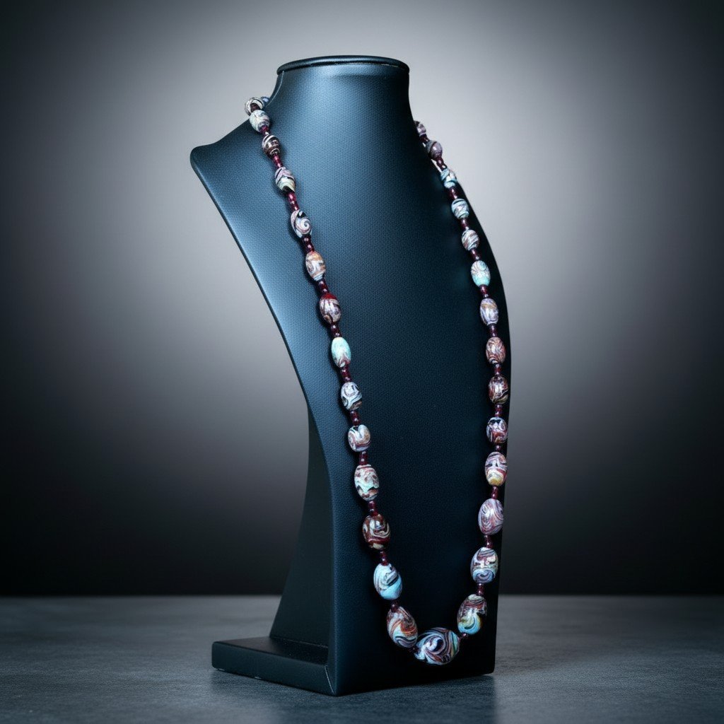 Elegante collana antica in perle di vetro policromo con avventurina-photo-3